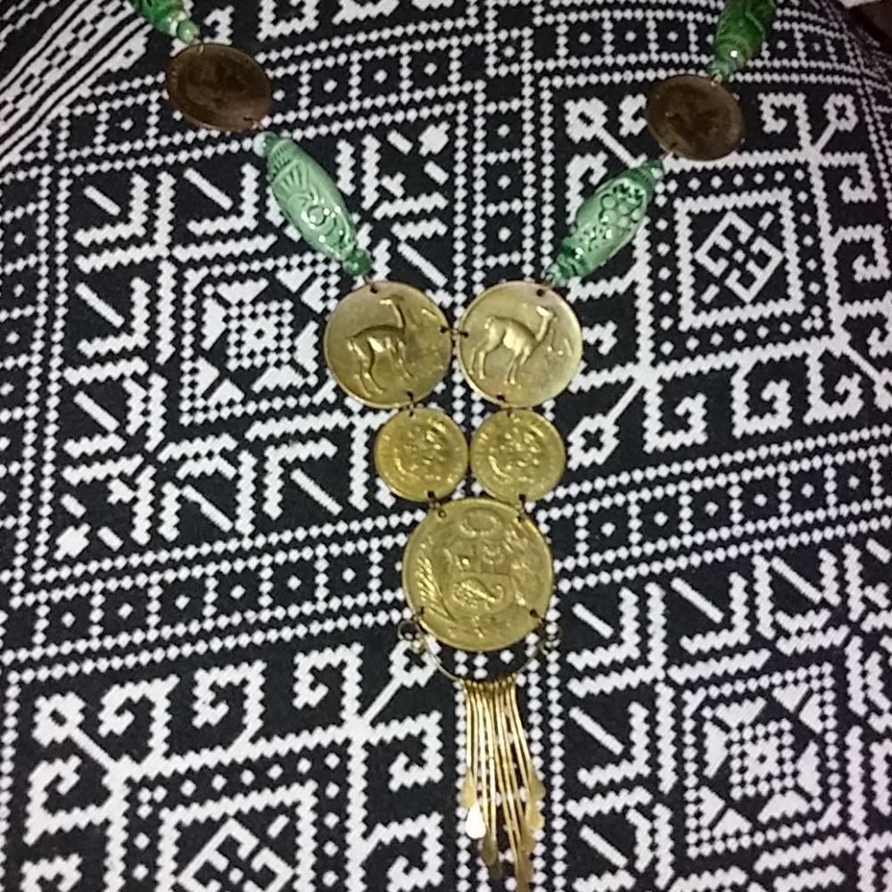 Vintage Peruvian llama Coin necklace green